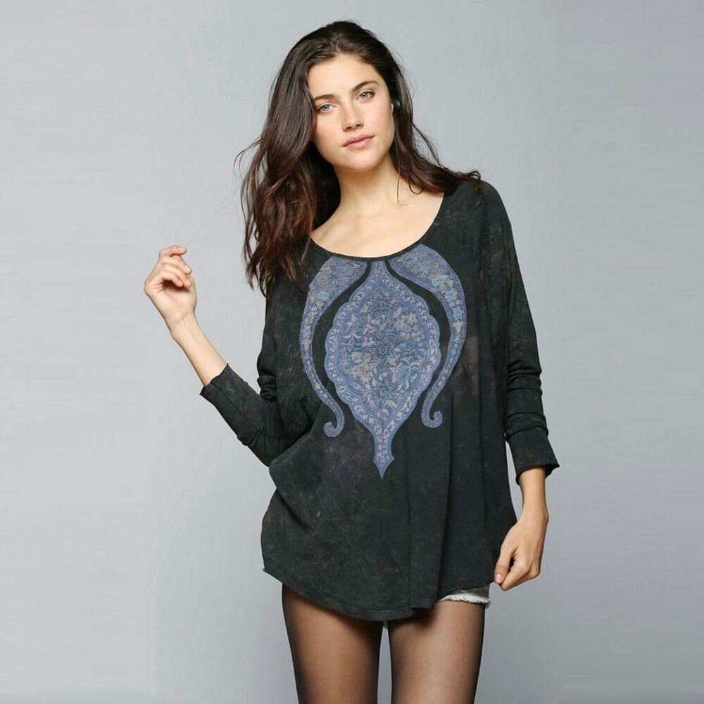 Project Social T Shirt Women S Relaxed Black Paisley Long Sleeve USA Boho Rock